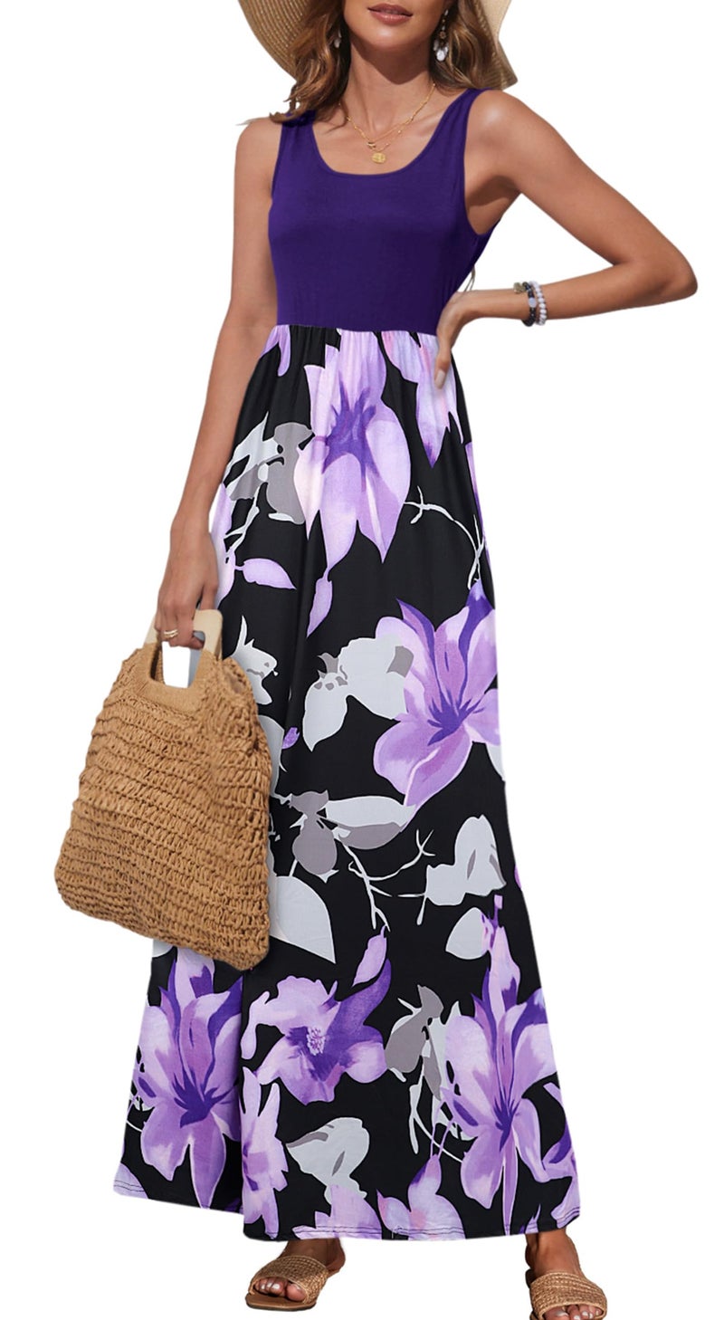 Bluetime Women's Summer Boho Sleeveless Floral Print Tank Long Maxi Dress (Purple, XXXL) - Image 1